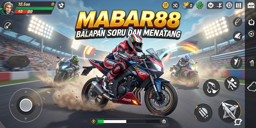 Screenshot gameplay MABAR88 menampilkan aksi balapan motor yang menegangkan.