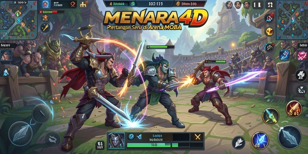 Tangkapan layar MENARA4D menunjukkan pertempuran seru dalam arena MOBA.