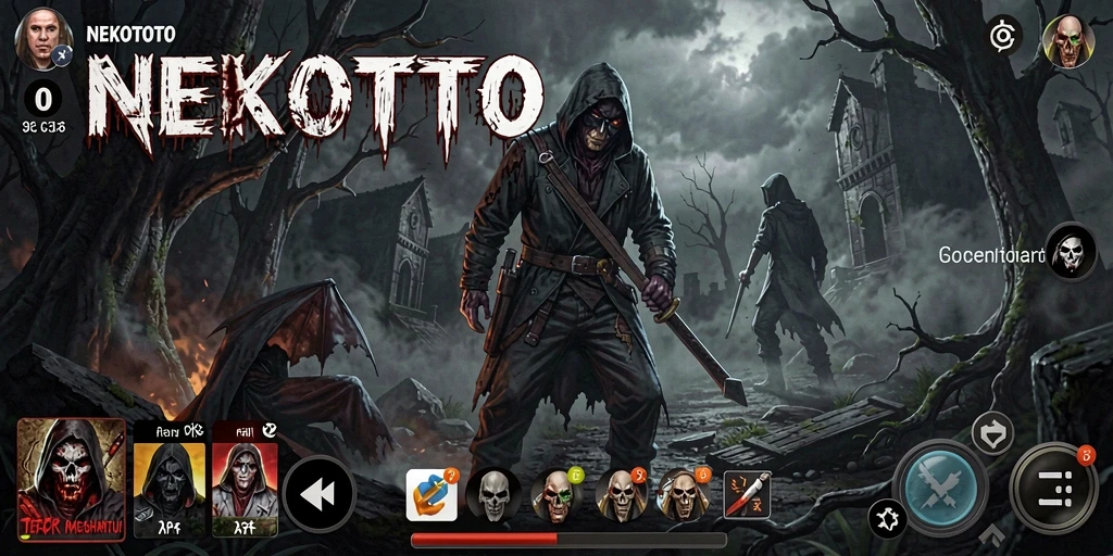Tampilan gameplay <strong>NEKOTOTO</strong> yang menegangkan dan penuh kegelapan.