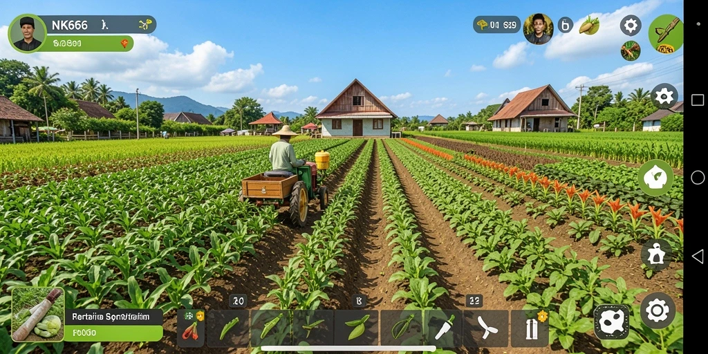 Screenshot gameplay NK666 yang menunjukkan ladang subur dengan tanaman yang bermacam-macam.