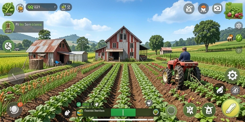 Tampilan gameplay seru dari QQ1221 saat bertani di lahan pertanian.